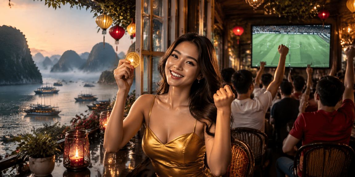 Người dùng Việt Nam thư giãn và truy cập nền tảng giải trí trực tuyến bên vịnh Hạ Long