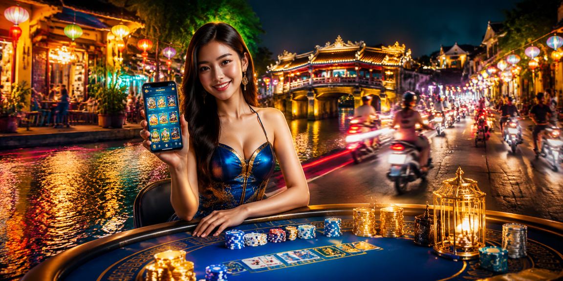 Người dùng mở ứng dụng casino trên điện thoại tại chợ đêm Hội An rực rỡ đèn lồng